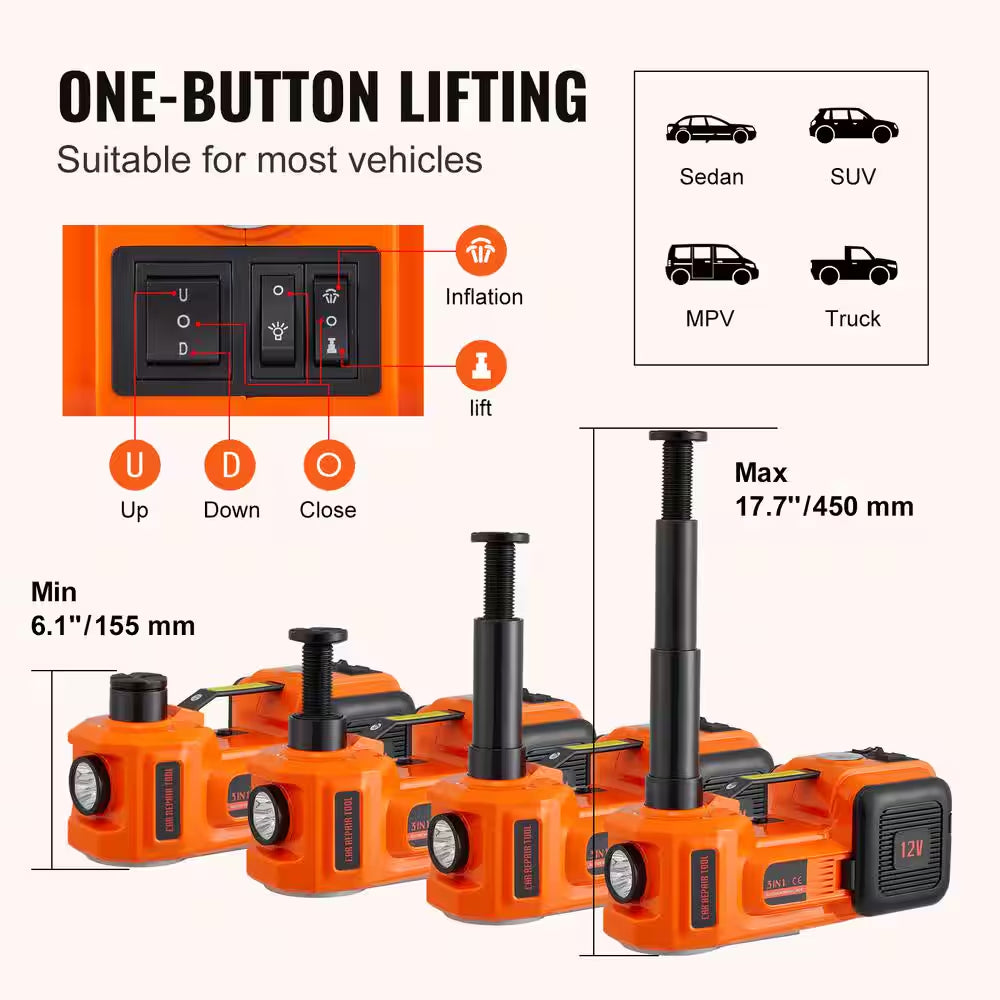 Electric Car Jack, 5 Ton/11023 LBS. Hydraulic Car Jack, Portable Car Jack Lifting with Built-In Inflatable Pump and LED